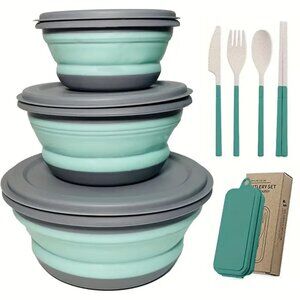 NEW Green Bowls (3) with Silverware and Lids/ Foldable / Collapsible (NEW)